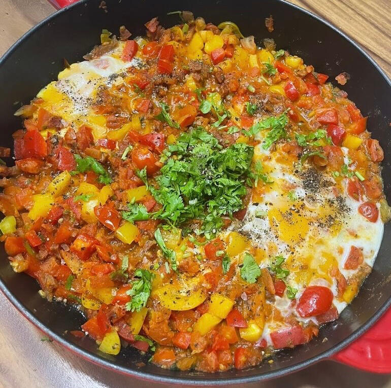 Shakshuka with Salami and Eggs
